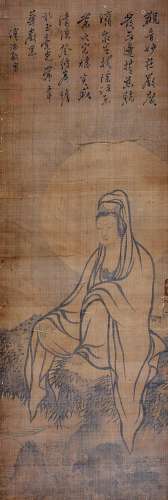 A Chinese Guanyin Painting Silk Scroll, Pu Ru Mark