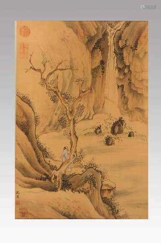 A Chinese Landscape Figure Painting Silk Scroll, Shen Zhou Mark