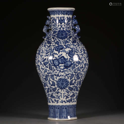 A Chinese Blue and White Floral Porcelain Double Ears Vase