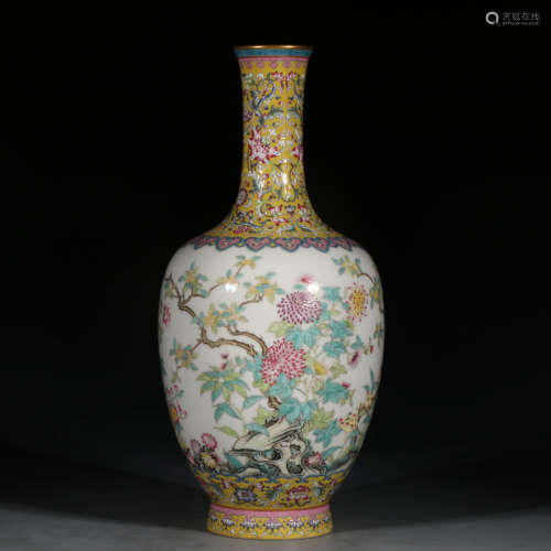 A Chinese Yellow Famille Rose Floral Porcelain Vase
