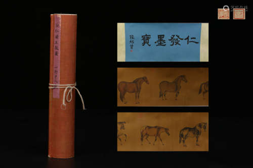 A Chinese Horse Painting Silk Scroll, Ren Renfa Mark