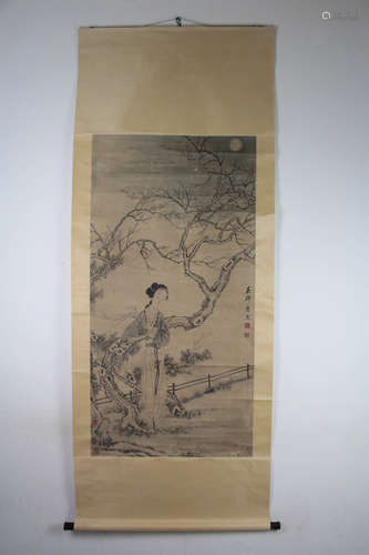 A Chinese Woman Painting Scroll, Tang Yin Mark