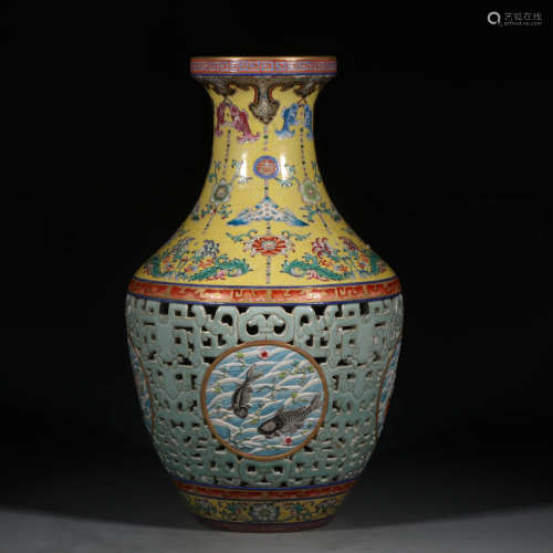 A Chinese Yellow Famille Rose Twine Pattern Floral Piercing Porcelain Vase