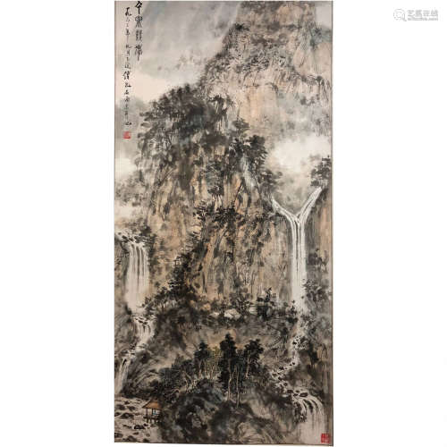 A Chinese Falls Painting Scroll, Fu Baoshi Mark