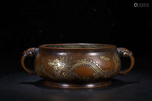 A Chinese Gild Copper Beast Ears Incense Burner