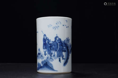 A Chinese Blue and White Figure Painted  Porcelain Brush Pot