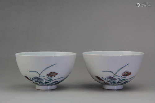 A Pair of Chinese Doucai Floral Porcelain Cups