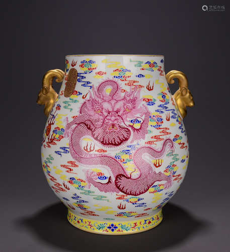 A Chinese Famille Rose Ruby Dragon Pattern Porcelain Zun