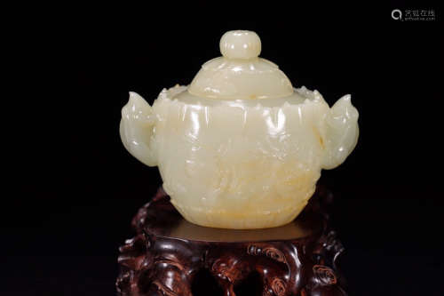A Chinese Hetian Jade Carved Lotus Shaped Incense Burner