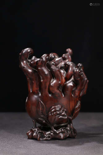 A Chinese Red Sandalwood Carved Buddha's Hand Brush Pot