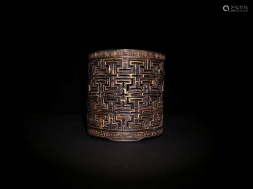 A Chinese Gild Red Sandalwood Carved  Brush Pot