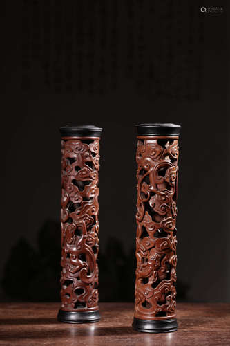 A Pair of Chinese Dragon Pattern Boxwood Carved Incense tube