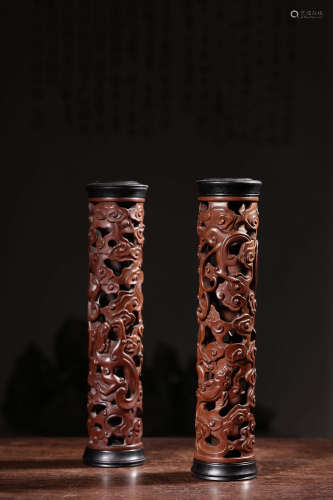 A Pair of Chinese Dragon Pattern Boxwood Carved Incense tube