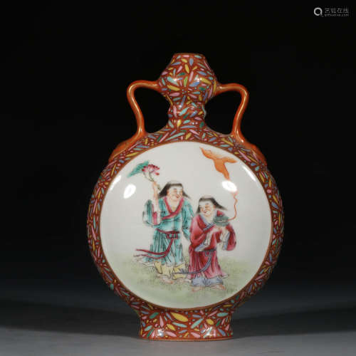 A Chinese Famille Rose Figure Painted Porcelain Double Ears Vase