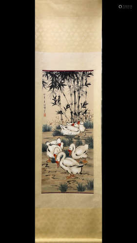 A Chinese Goose Painting Scroll, Xu Beihong Mark