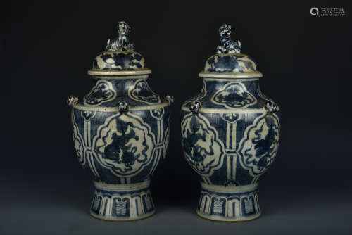 PAIR BLUE AND WHITE GARNITURES MING DYNASTY