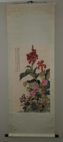 CHINESE FLOWER PAINTING SCROLL SIGNED B…