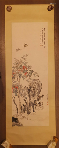 FLOWER CAT PAINTING SCROLL SIGNED LU LIUFEI & Z…