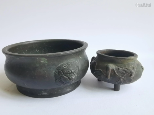 TWO QING DYNASTY CHINESE BRONZE INCENSE …