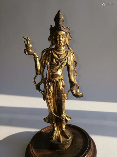 ANTIQUE CHINESE GILT BRONZE STANDING GUANYIN