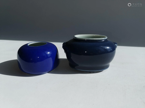 TWO BLUE GLAZE PORCELAIN WATER POT