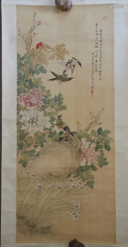 CHINESE FLOWER BIRD PAINTING SCROLL SIGHNED J…