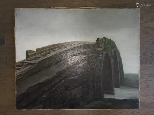 CHINESE OIL PAINTING BRIDGE SIGNED BY CHEN JIA…