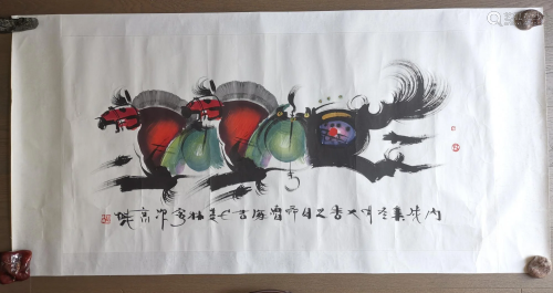 TWO HORSE PAINTING ON PAPER SIGNED BY HAN …