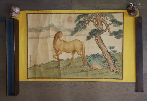 CHINESE HORSE PAINTING SCROLL ARTIST BA…