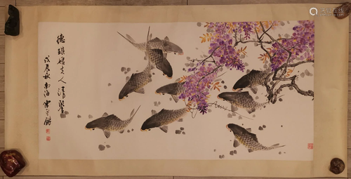 NINE FISHES PAINTING ON PAPER SIGNED BY CHEN …