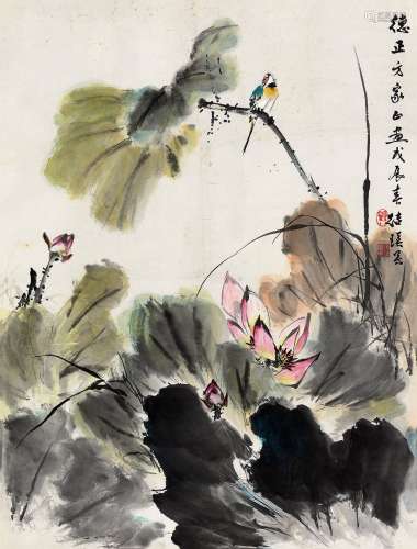 刘继瑛戊辰（1988）年作 红荷翠鸟 镜片 设色纸本