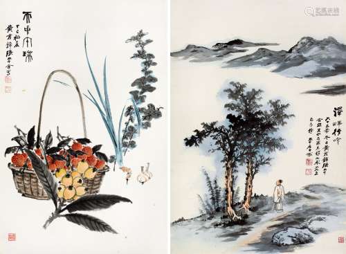 张大千黄君璧1976年作、丁巳（1977）年作 《天中午瑞》、《泽畔行吟》 （两帧） 镜片/立轴 设色纸本