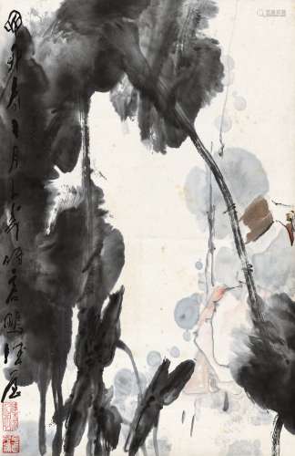 王子武丁卯（1987）年作 荷塘翠鸟 立轴 设色纸本