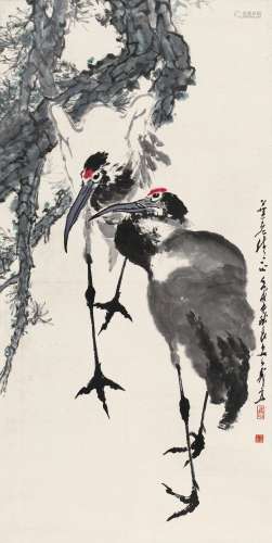 王子武壬戌（1982）年作 鹤寿图 立轴 设色纸本