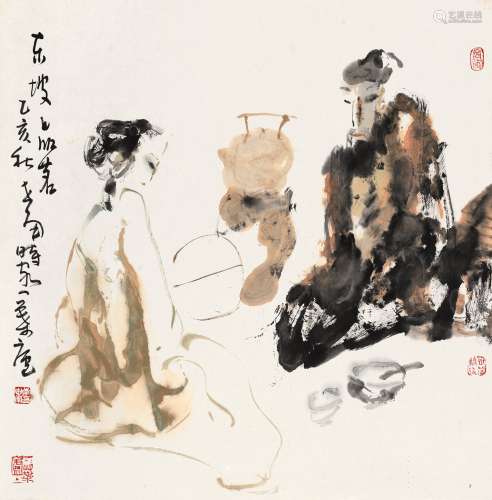 李世南乙亥（1995）年作 东坡品茗图 立轴 设色纸本