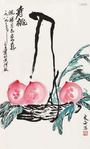 刘文西1989年作 寿桃 镜片 设色纸本