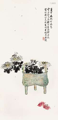 黄宾虹陈刚叔方介堪等壬申（1932）年作 博古花卉草虫 立轴 设色纸本