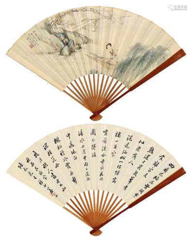潘振镛吴仲容癸丑（1913）年作 柳塘打桨 行书 成扇 设色纸本
