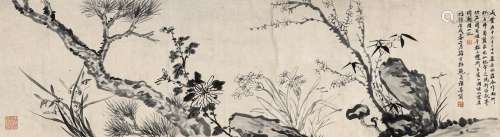 陈澧邓大林郑绩等庚申（1860）年作 花卉梅石图 横披 水墨纸本