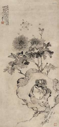 居廉戊戌（1898）年作 牡丹蝴蝶 镜片 水墨纸本
