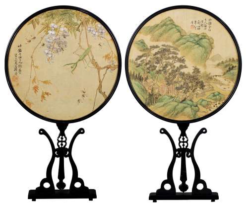 居廉郑珊癸巳（1893）年作 花卉草虫、山居图 团扇 设色绢本