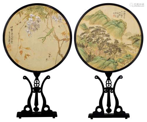 居廉郑珊癸巳（1893）年作 花卉草虫、山居图 团扇 设色绢本