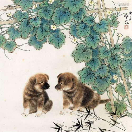 方楚雄庚寅（2010）年作 花荫双犬 镜片 设色纸本