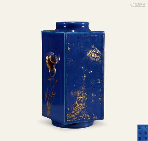 清同治 霁蓝釉描金山水纹象耳方瓶