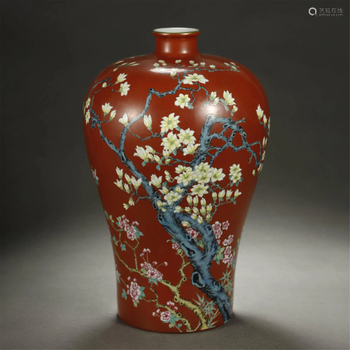 A VERY RARE RED GROUND FAMILLE-ROSE VASE …