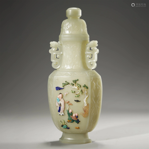 A VERY FINE INLAID WHITE JADE VASE AND COVER