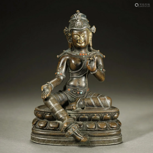 AN ARCHAIC ALLOY COPPER SILVER-INSET FIGURE,…