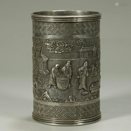 AN VERY FINE CARVED SILVER FIGURE BRUSH POT