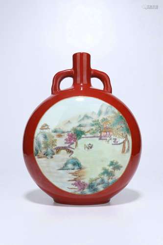 Red Glazed Porcelian Moon Flask,Qing Dynasty