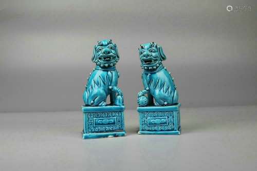 Pair Of Peacock-Green Glazed Porcelain Lions,Qing Dynasty